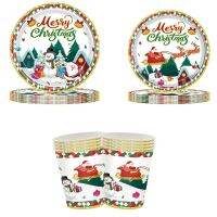 【JIU YU】❁  Descartável Natal Party Tableware Papai Noel boneco de neve Alce Padrão papel placas copos Feliz Natal Suprimentos 16pcs