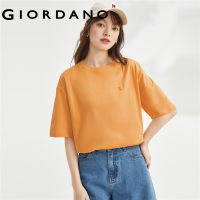 ➦Giordano ผู้หญิง เสื้อแขนสั้นคอกลมปักลายผ้าฝ้ายสองด้านแบบหลวม Free Shipping 05322384