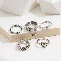 5 Pcsset Silver Rings Set Heart Shaped Chain Opening Rings for Women Jewelry Fashion Accessories Gift