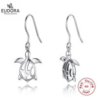 EUDORA Real 925 Sterling Silver Sea Turtle Earring Fashion Crystal CZ Stud Earrings With Box Gift Dangler For Women Jewelry E135
