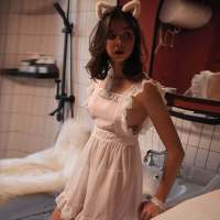 2023 Korean Girl Sexy Lingerie Maid Uniform Cosplay Chiffon Lace Summer Cute Perspective Hot Backless Nightdress Pajamas Set