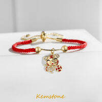 Kemstone ลูกบาศก์เซอร์โคเนียสีแดงเชือกสร้อยข้อมือเสือสำหรับผู้หญิงเครื่องประดับนำโชค