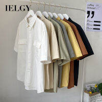 IELGY ฤดูร้อนบางสีทึบเสื้อแขนสั้นชายญี่ปุ่นหลวมเครื่องมือห้าจุดแขนเทรนด์เสื้อแขนสั้น