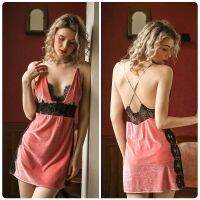 Winter Velvet Strap Nightdress Deep V Backless Lace Sexy Lingerie Perspective Woman Nightgown Sleepwear with Thong 2 Pcs Set