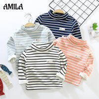 AMILA ชุดชั้นในกันหนาวสําหรับเด็ก ลายทางแมทช์ง่าย ชุดซับในแขนยาวบวกผ้าฟลีซ เสื้อสเวตเตอร์หนาคอกลางสูง
