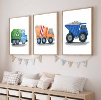 Cartoon Construction Fire Truck  Nursery Poster Print Canvas Painting Color Excavator Wall Art Picture Baby Bedroom Home Decor Wall Décor