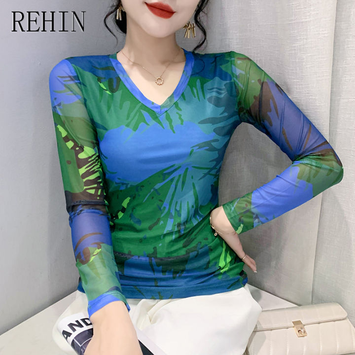 rehin-เสื้อยืดคอวีแขนยาวผู้หญิง-เสื้อยืดสะดวกสบายหรูหรา2023แฟชั่นตาข่ายบางเฉียบ