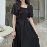 【YF】 HOUZHOU Black Vintage Midi Dress Elegant Women Dresses Square Collar Puff Sleeve Oversized Loose Casual Sundress Female Robe