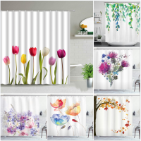 Tulip Flower Shower Curtain Set Farm Red Truck Sunflower Plant Butterfly Scenery Bathroom Decor Screen Bath Curtains With Hooks