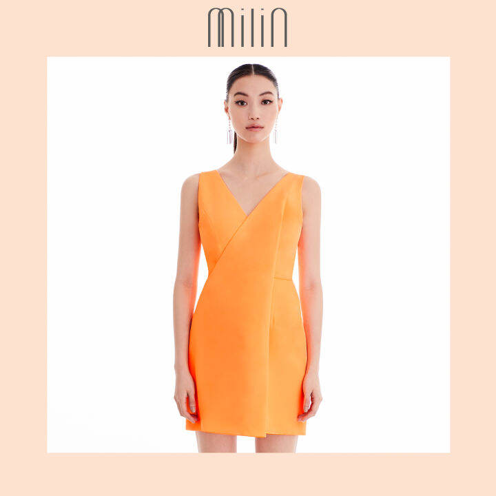 milin-front-drape-detail-polyester-sleeveless-dress-เดรสแขนกุดคอวีจับจีบด้านหน้า-dashing-dress