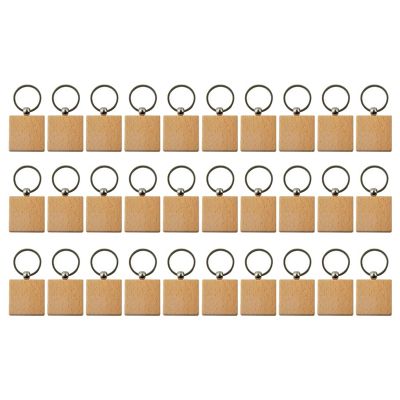 30Pcs Blank Square -Shaped Wooden Keychain DIY Wood Keychains Key Tags DIY Gifts