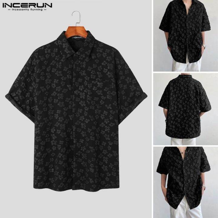 incerun-เสื้อเชิ้ตแขนสั้น-ลายดอกไม้นูน-แฟชั่นสําหรับผู้ชาย