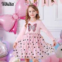 VIKITA Autumn Girls Dress Butterfly Sequins Kids Long Sleeve Dresses Baby Girls Princess Dress Party Clothes Birthday Dresses