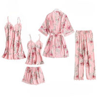 5PCS Pajamas Sleep Set Women Nightwear V-Neck Lace Sleepwear Sexy Nightie Bathrobe Wear Home Suit Negligee Spring Robe Gown