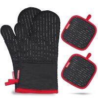 1 Pair Kitchen Oven Gloves Heat Resistant Non-Slip Barbecue Gloves Cotton Silicone Oven Gloves Potholders With 2 Pot Holders