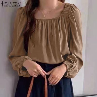 ZANZEA Korean Style Women Square Neck Tops Long Sleeve OL Loose Blouse Tops Shirt #10