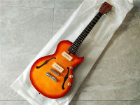 Right Handed Semi Hollow 6 Strings Electric Guitar,Orange Flame Maple Skin Top Mahogany Body&amp;Rosewood Fingerboard Chrome Hardware BJ450