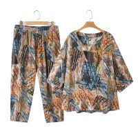 【มีไซส์ใหญ่】Plus Size Womens 2pcs Summer Sets 3/4 Sleeve Top + Elastic Waist 8/10 Pants Vintage Floral Printed Suits