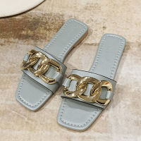 2022 Metal Chain Summer Slides Open Toe Slippers Women Square Toe Flat Sandals Shoes Ladies Cream White Outdoor Beach Flip Flops