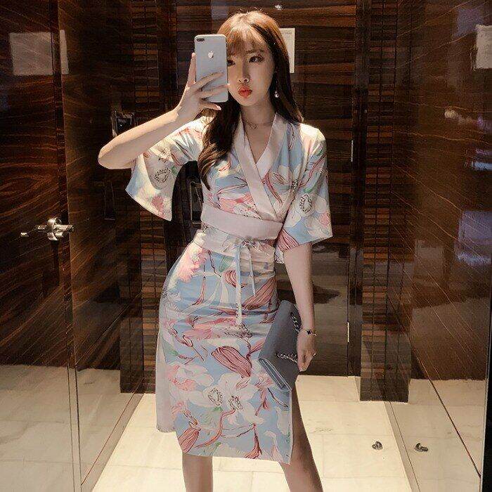Retro VNeck Japanese Kimono Creative Traditional Dress Female OverTheKnee Print Dress Trend