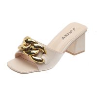 Slip On Slippers Women Mules Shoes Woman Gold Metal Chain nd Design Open Toe Square High Heels Casual Slides Mules Plus Size