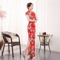 Ø CW】New Women Long Cheongsam Dress Floral Slim Vintage Dresses Summer Thin Sexy Qipao S To 4XL Green Red