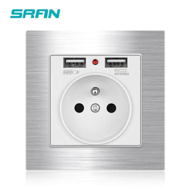 sran-16a-french-usb-wall-socket-with-usb-plug-2-1a-aluminum-alloy-brushed-panel-86mm-86mm-electrical-outlets-for-home-appliance