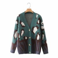 2021Tangada Women Elegant Green Leopard Cardigan Vintage Jumper Lady Fashion Oversized Knitted Cardigan Coat 3F31