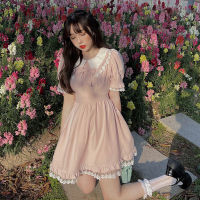 JuneLove 2021 Summer Lolita Kawaii Dress Women Japanese Vintage Bow Pink Dress Cute Pretty Princess Bubble Sleeve Lace Dress