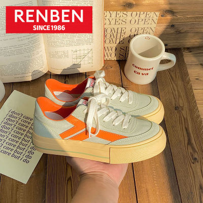 ชุดผ้าใบรองเท้าสีขาวระบายอากาศรองเท้าผ้าใบเด็กดีไซน์จาก RENBEN รองเท้าเล่นกีฬากลางแจ้งตัดกันอเนกประสงค์