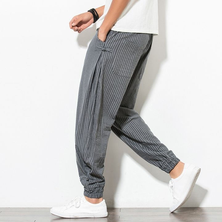 cod-mens-spring-and-summer-thin-breathable-linen-vertical-stripes-trousers-loose-plus-size-harem