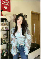 New style เสื้อเชิ้ตผ้าชีฟองลายดอกไม้สำหรับผู้หญิง 2023 ฤดูร้อนแบบใหม่ความรู้สึกการออกแบบเฉพาะหูไม้ซีทรูแขนพองบางด้านบน