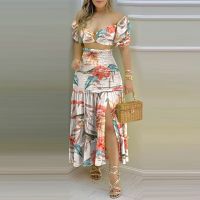 ❣☒▩ 2022 spring and summer new women 39;s clothing sexy fashion one shoulder print stitching split skirt two piece suit women