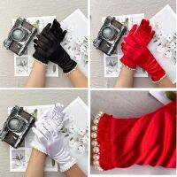 ✖ 3Pairs Satin Women Short Bridal Party Satin Gloves Stretchy Girl Bridal Gloves with Pearls Bridal Gloves Wedding Accessories