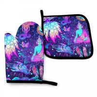 Psychedelic Mushroom Oven Mitt and Pot holder Set Heat Resistant Non Slip Kitchen Gloves with Inner Cotton Layer for Cooking BBQ