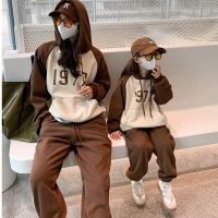 Winter Autumn Family Matching Set Children Set Mother Daughter Velvet Thickened Casual Hooded Sweat + Pants Kids Boy Outfit Set