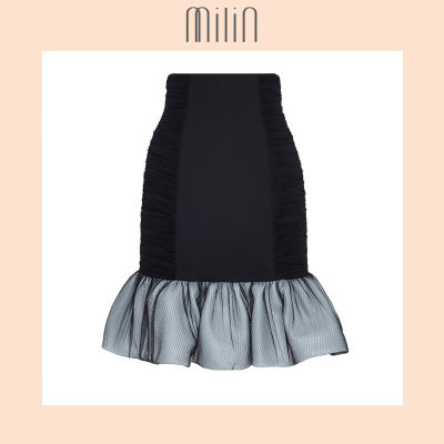 [MILIN] Round About Draping tulle overlay Sturdy wide flounce hem detail Mesh polyester Fitted high waist skirt / กระโปรงเอวสูงผ้าตาข่ายโพลีเอสเตอร์แต่งชายระบาย สีดำ