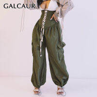 2021GALCAUR Casual Trousers For Women High Waist Pockets Bandage Drawstring Hit Color Designer Wide Leg Pants Female 2021 Spring New