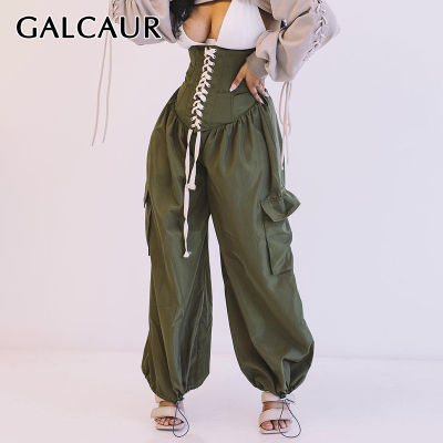 2021GALCAUR Casual Trousers For Women High Waist Pockets Bandage Drawstring Hit Color Designer Wide Leg Pants Female 2021 Spring New