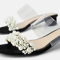 Traf za sandálias femininas 2021 pérola pvc chinelos mulher elegante sapatos de festa bloco saltos para as mulheres verão sandálias transparentes