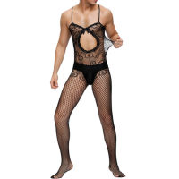 ผู้ชาย Sissy Jumpsuit Fishnet Lace Body ถุงน่อง Ultra-Thin โปร่งใส Pantyhose Hollow Out Tights ชุดชั้นในตาข่ายเร้าอารมณ์ Wear