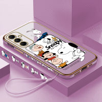 เคสปลอกสำหรับ Samsung M14 5G M14 5G (ฟรีสายคล้อง) ลายการ์ตูนสนูปี้ชาร์ลีขอบสี่เหลี่ยมเคสชุบเคสโทรศัพท์เคสโทรศัพท์นิ่มสุดหรู