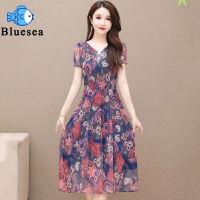 Women Dress Colorful Sweet Flower Printed V-neck Short-sleeved Waist-slimming Pleated Hem Comfortable Mid-length Skirt for Summer