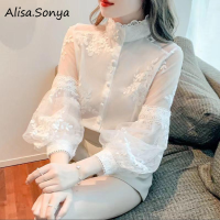 Alisa.sonya เสื้อเบลาส์ผู้หญิงวินเทจแขนยาวลายดอกไม้ผ้าโปร่งเสื้อคอปกแบบลำลองลูกไม้โปร่งฤดูร้อน