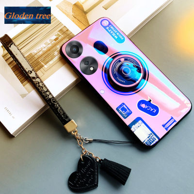 Gloden tree For OPPO A78 5G Case Camera Pattern + Stand + Beautiful Tassel Hand Strap Protective Back Cover Couple Cases