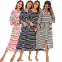 Witbuy Women Long Sleepwear Soft Zipper Front Robes Autumn Nightgown Warm Striped Kimono Loungewear Maternity Bathrobe Pajamas