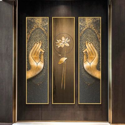 ☬ แบบดั้งเดิมพระพุทธรูปทองมือภาพวาดผ้าใบ Wall Art Thai Zen Lotus โปสเตอร์พิมพ์สำหรับตกแต่งห้องนั่งเล่น Religious Art