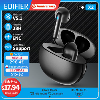 EDIFIER X2 TWS Earbuds Wireless Earphones Bluetooth 5.1 voice assistant 13mm driver touch control up to 28hrs playtime Game Mode