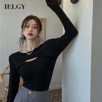 IELGY เสื้อยืดแขนยาวสำหรับผู้หญิง,สีทึบ