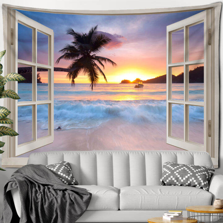 cw-imitation-window-beach-sunshine-forest-painting-tapestry-wall-hanging-bohemian-style-psychedelic-home-decor